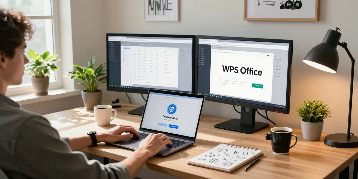 Download WPS Office in a modern home office with dual monitors and a cozy atmosphere.
