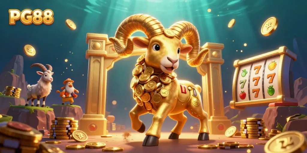 PG88 showcases a golden ram charging through a vibrant jackpot scene with lucky 7s and coins.