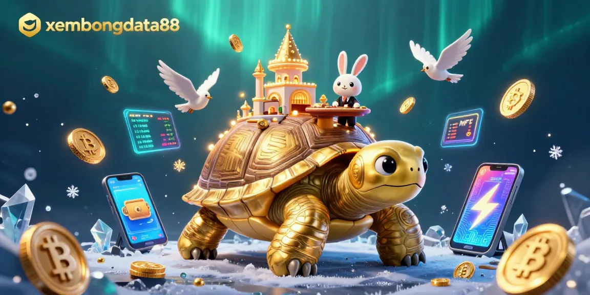 xembongdata88 captures an exciting casino scene with a tortoise casino, rabbit dealer, and flying coins.