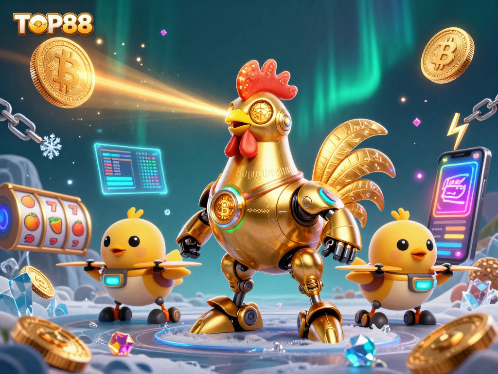 TOP88 features a retro-futuristic golden rooster robot amidst vibrant slots and crypto elements.
