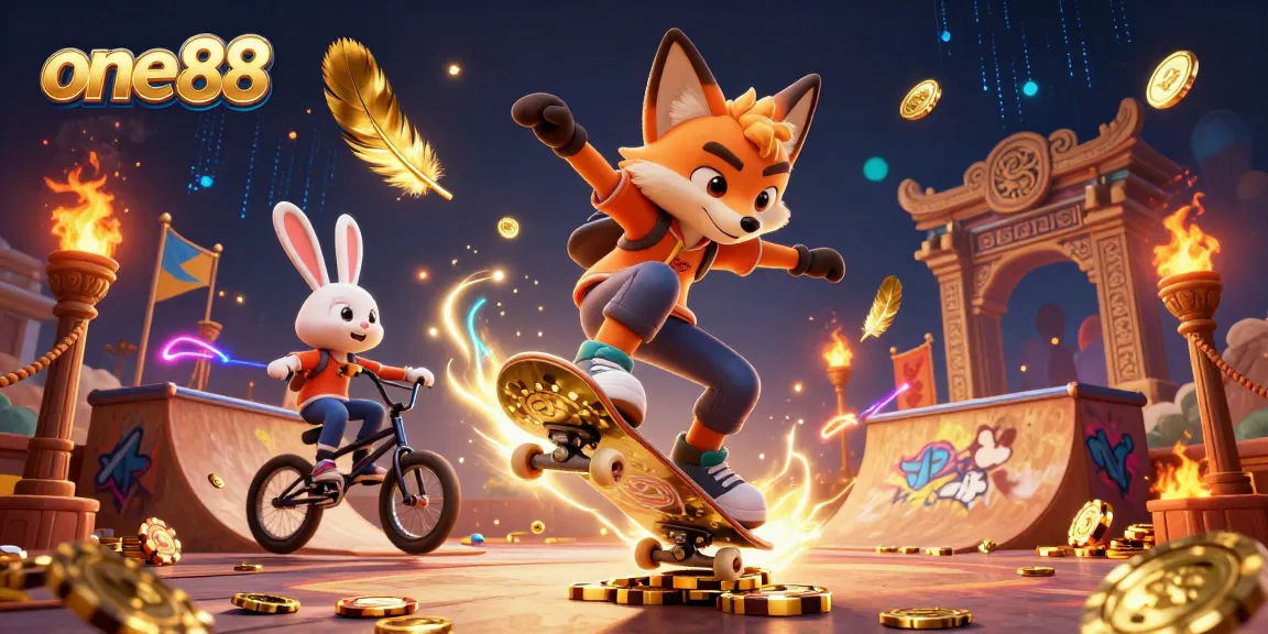 Experience thrilling action with one88 as a skateboarder fox and BMX rabbit showcase trickery in this vibrant casino scene.