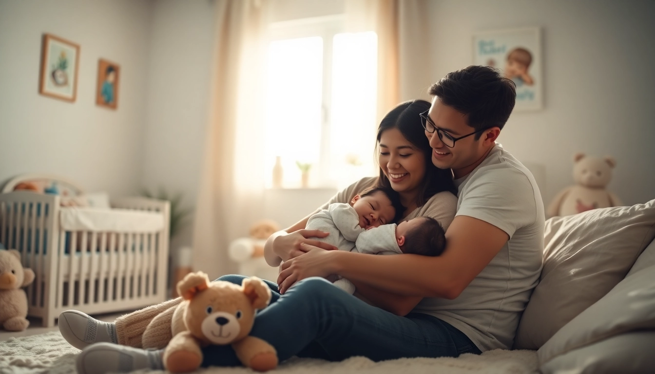 Family with newborn baby enjoying tender moments in a cozy home setting.