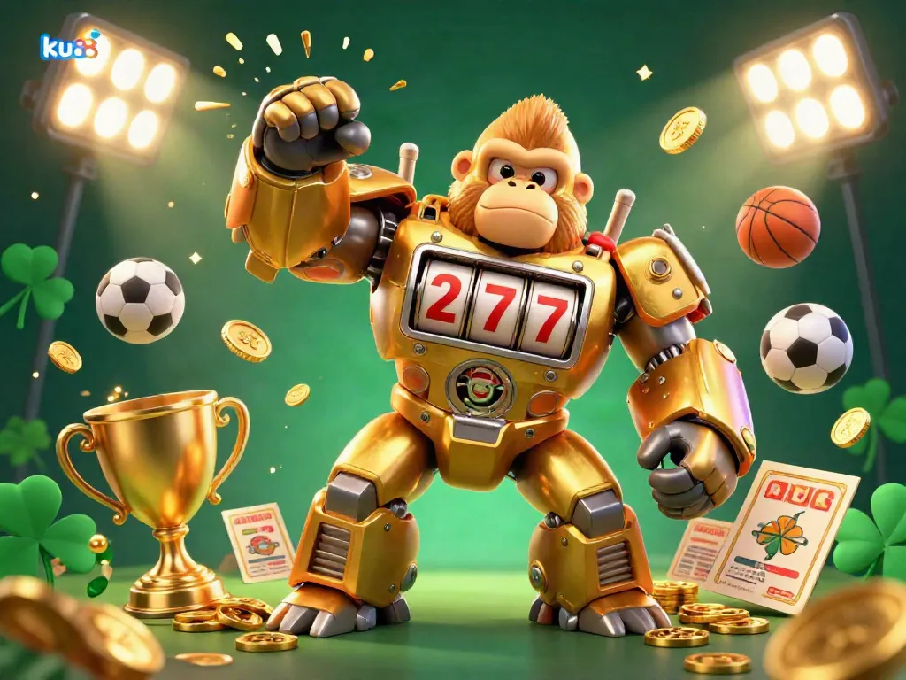Win big with ku88 in this dynamic 3D casino scene featuring a golden gorilla mech and sports elements.