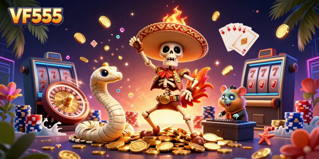 Experience the thrill of VF555 casino with a vibrant victory dance scene featuring colorful characters and gold.