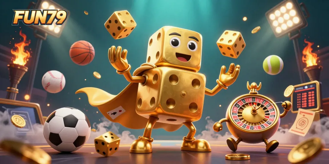 FUN79 interactive gaming scene featuring a golden dice golem with sports elements and vibrant atmosphere.