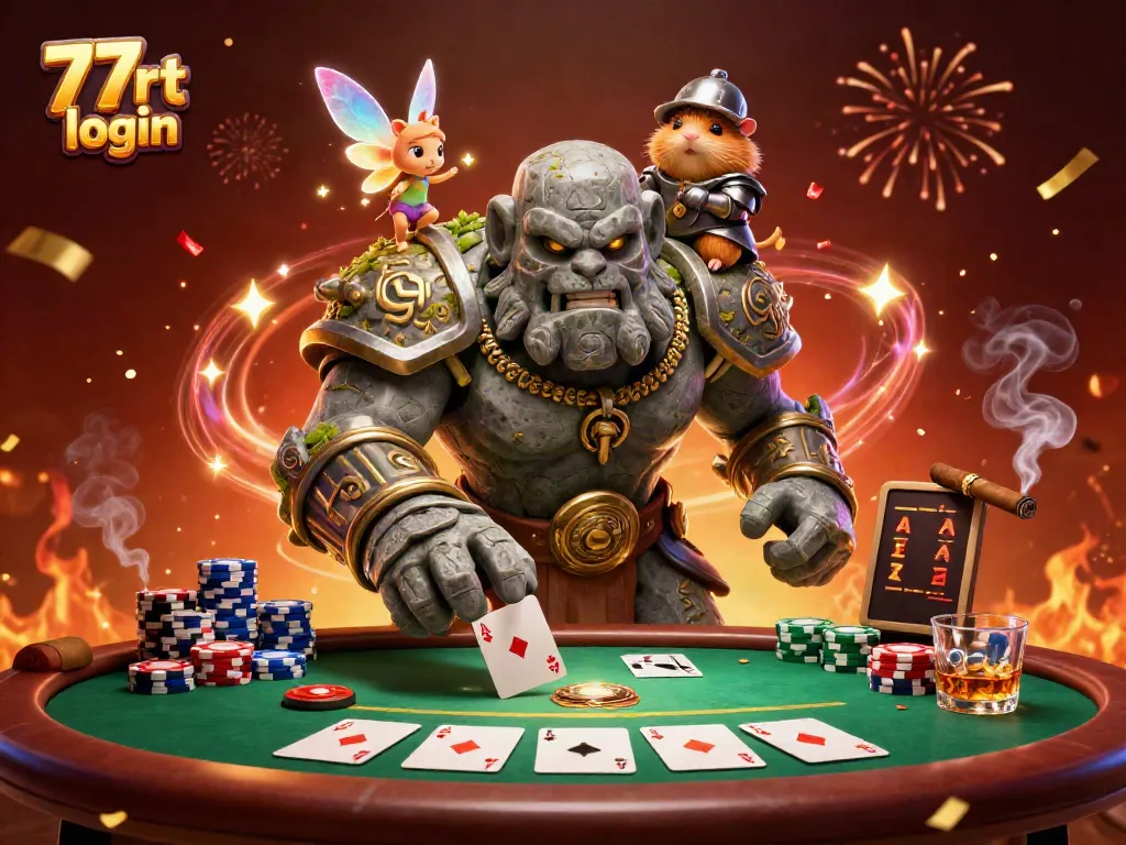 Engaging scene of 77rt login with a stone golem, fairy, and hamster knight at a vibrant poker table.