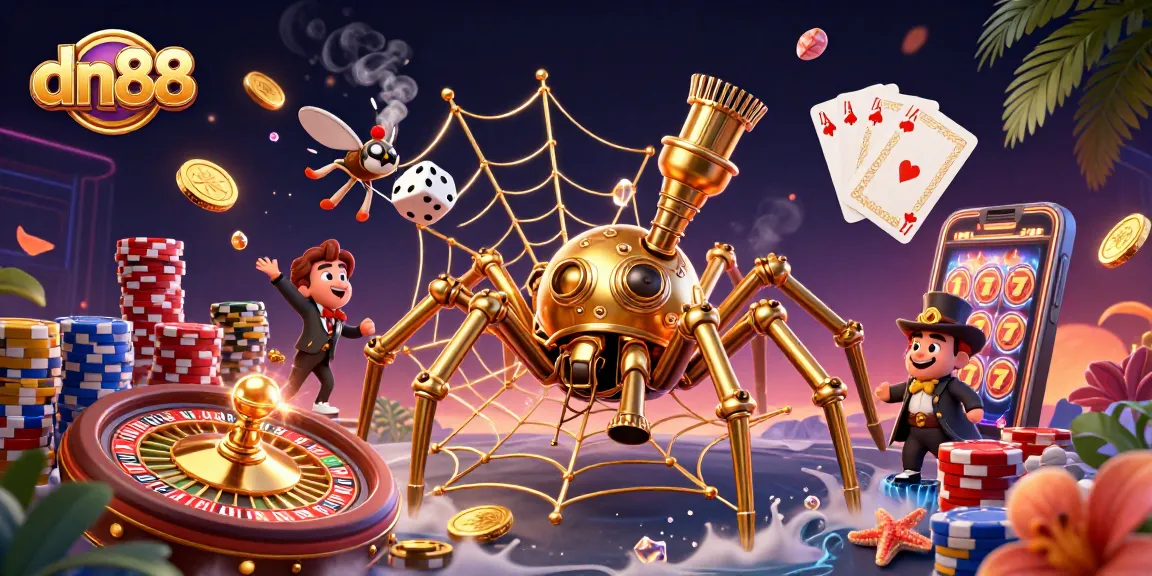 dn88's vibrant 3D casino scene showcases steampunk spider and poker elements, capturing gaming excitement.