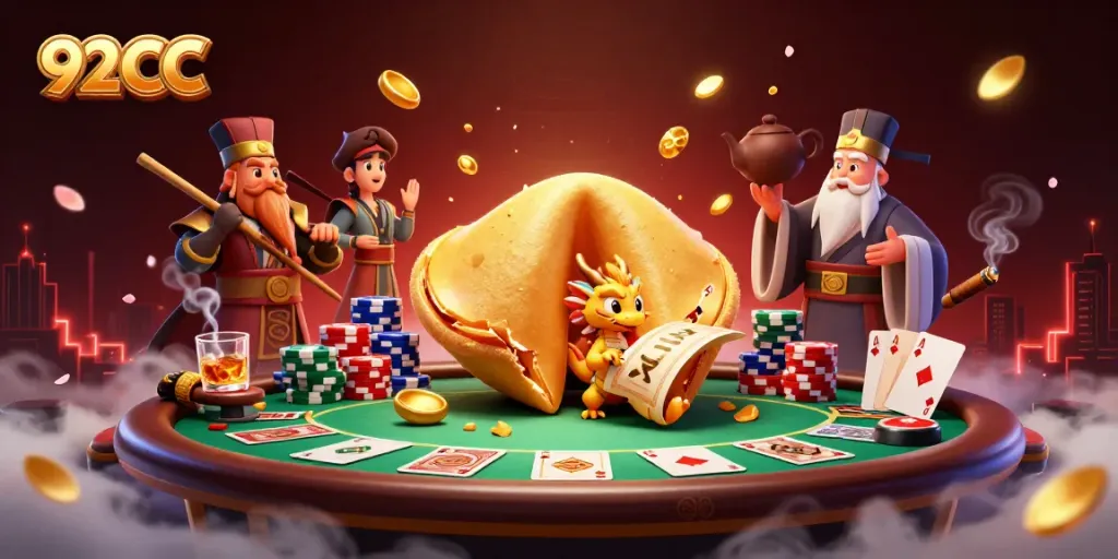 Engage in thrilling gameplay at 92CC casino with poker chips, fortune cookie, and mythical characters.
