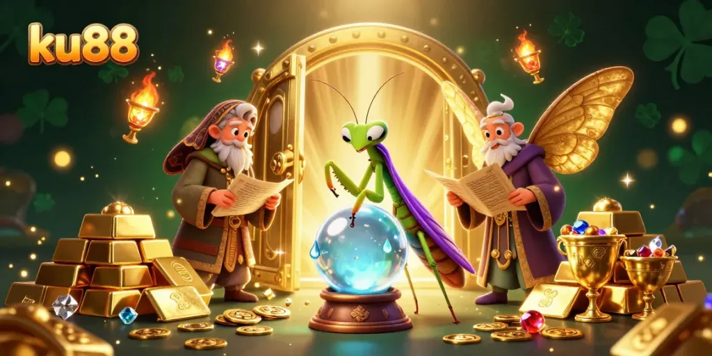 ku88 fortune teller scene with mystical characters and gold treasures, creating an engaging gambling atmosphere