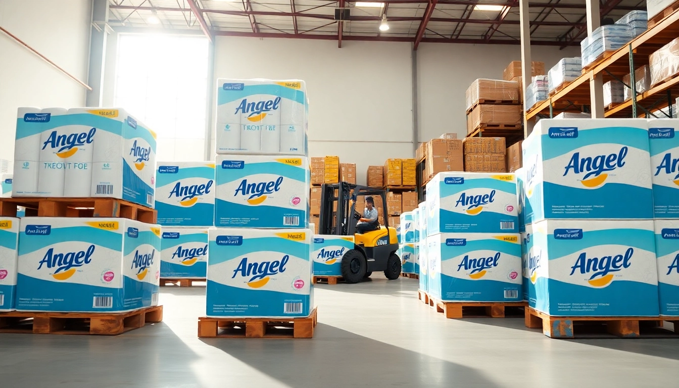 Showcasing Angel Soft Toilet Paper Pallets in a bright warehouse environment.