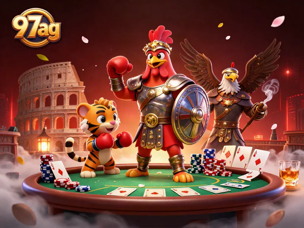 Experience exhilarating action with the 97ag poker scene featuring a gladiator rooster and tiger cub.