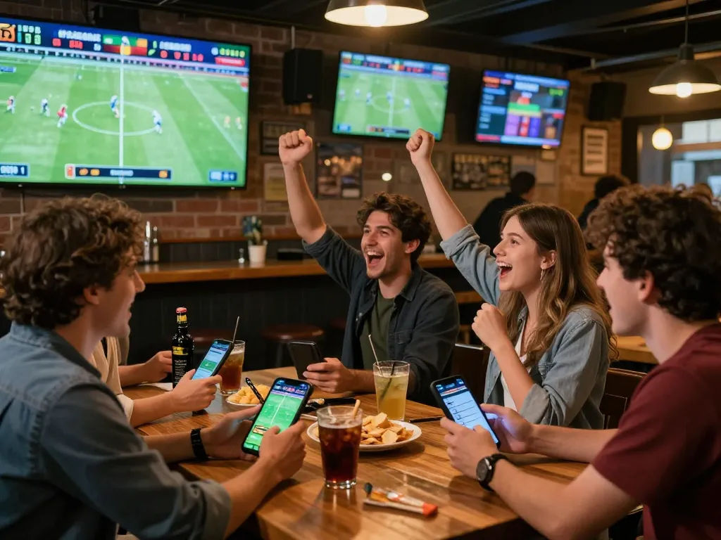 Engaging scene of friends using a mobile app for live betting during a football game at a bar, showcasing fun with XX88.