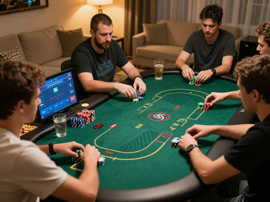 Jogadores da AAVIP estrategizando durante uma empolgante partida de pôquer online em um ambiente aconchegante.