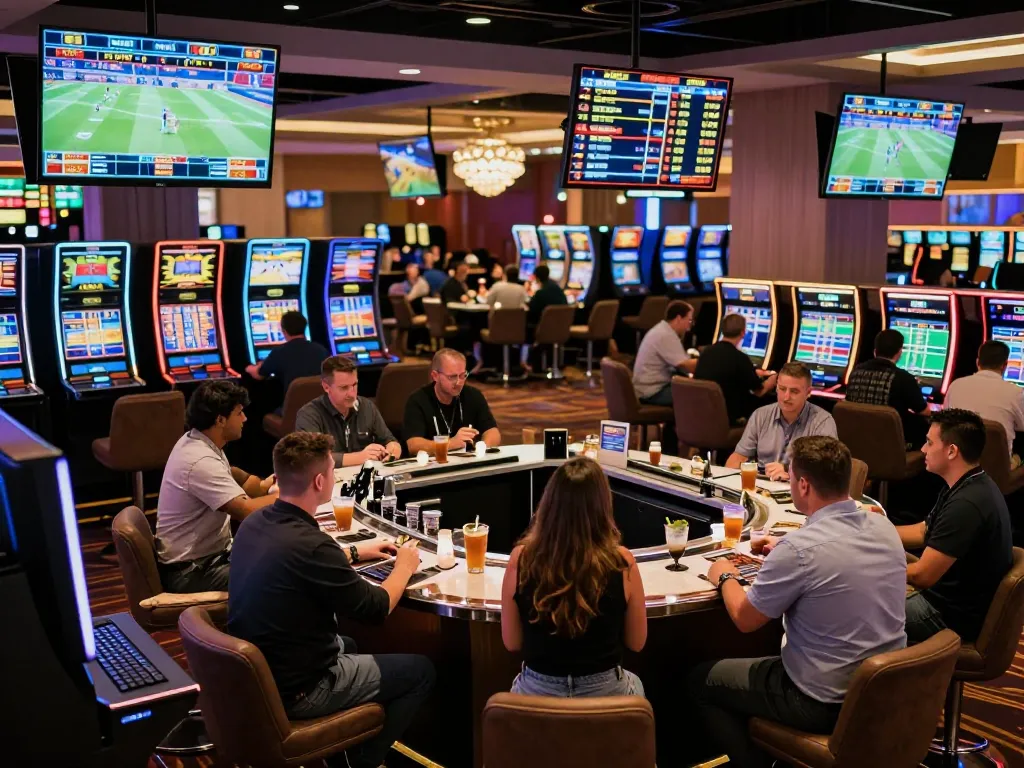Soi kèo enthusiasts placing bets in an upscale sports betting area showcasing excitement and engagement.