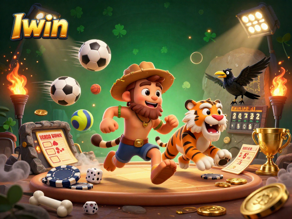 Iwin betting scene featuring a caveman and a tiger with sports elements, showcasing jackpot excitement.