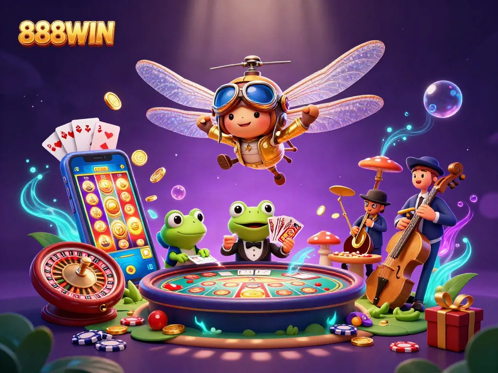 Experience the thrill of games at 888WIN with vibrant casino excitement and characters.