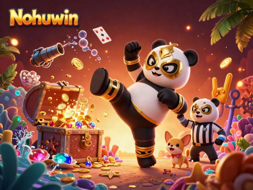 Nohuwin showcases a vibrant scene of animated characters celebrating gambling victories with dynamic casino elements.