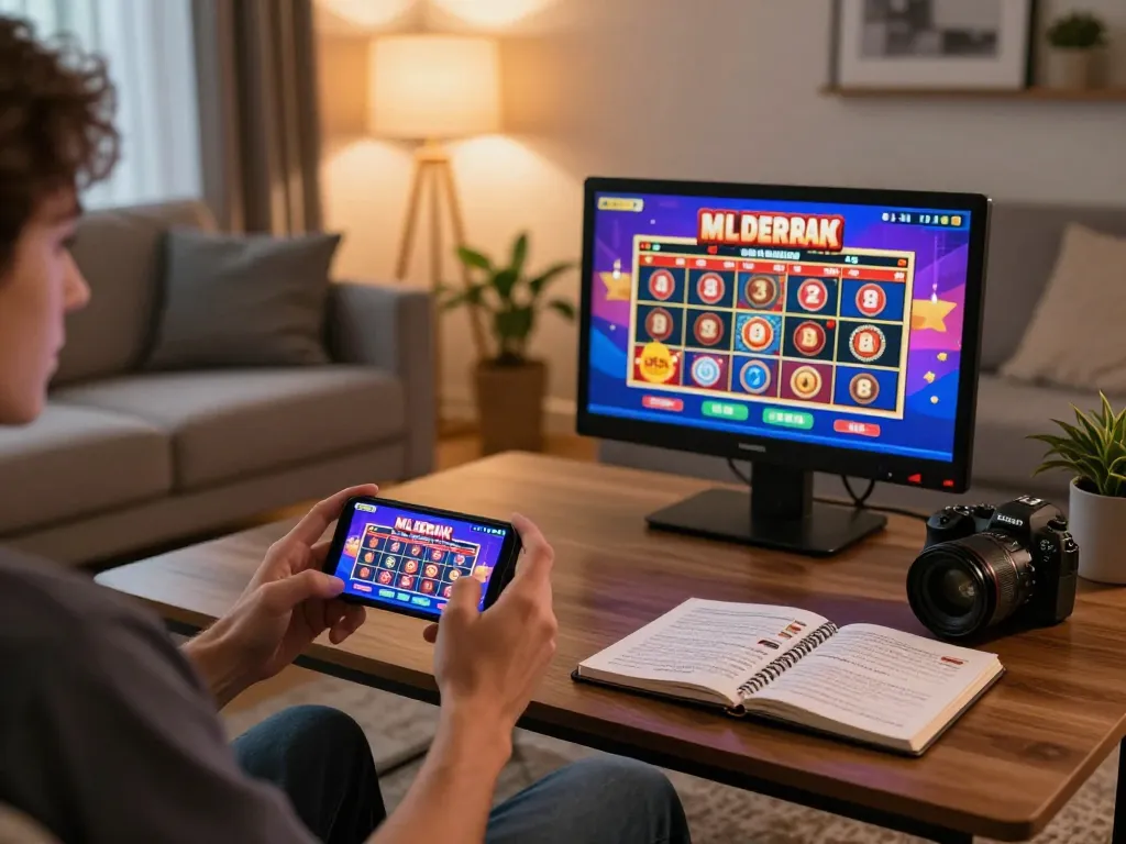 27G mobile gaming experience with a person engaged in online slots while relaxing at home in a cozy living room.