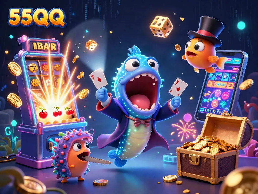 Engage in thrilling gameplay with 55QQ's dynamic casino experience featuring vibrant characters!