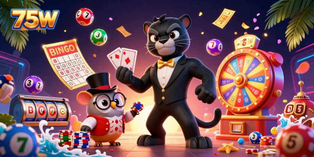 Experience the excitement of 75W in this vibrant casino scene featuring a stylish panther dealing cards.