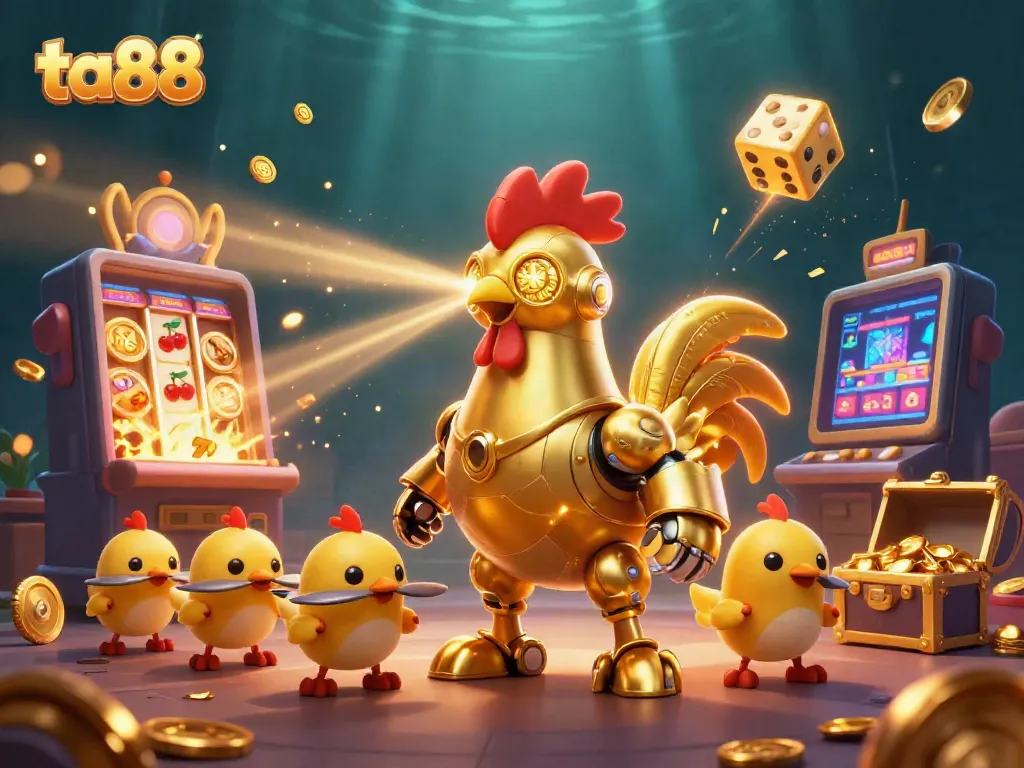 Win big with ta88 in this vibrant casino scene featuring golden rooster and jackpot!
