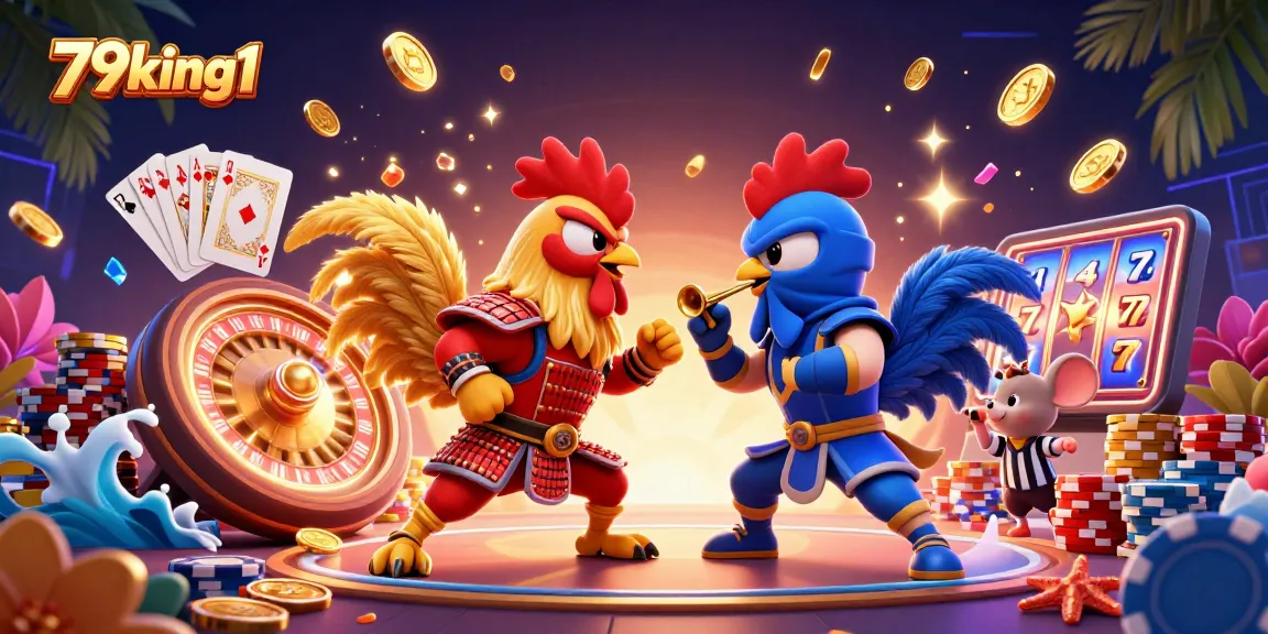 Experience the thrill with 79king1 in an epic rooster showdown amidst dazzling casino elements.