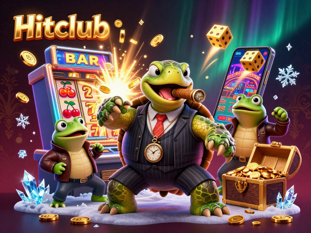 Hitclub featuring a massive snapping turtle and bullfrog enforcers amidst a thrilling slot machine jackpot scene.