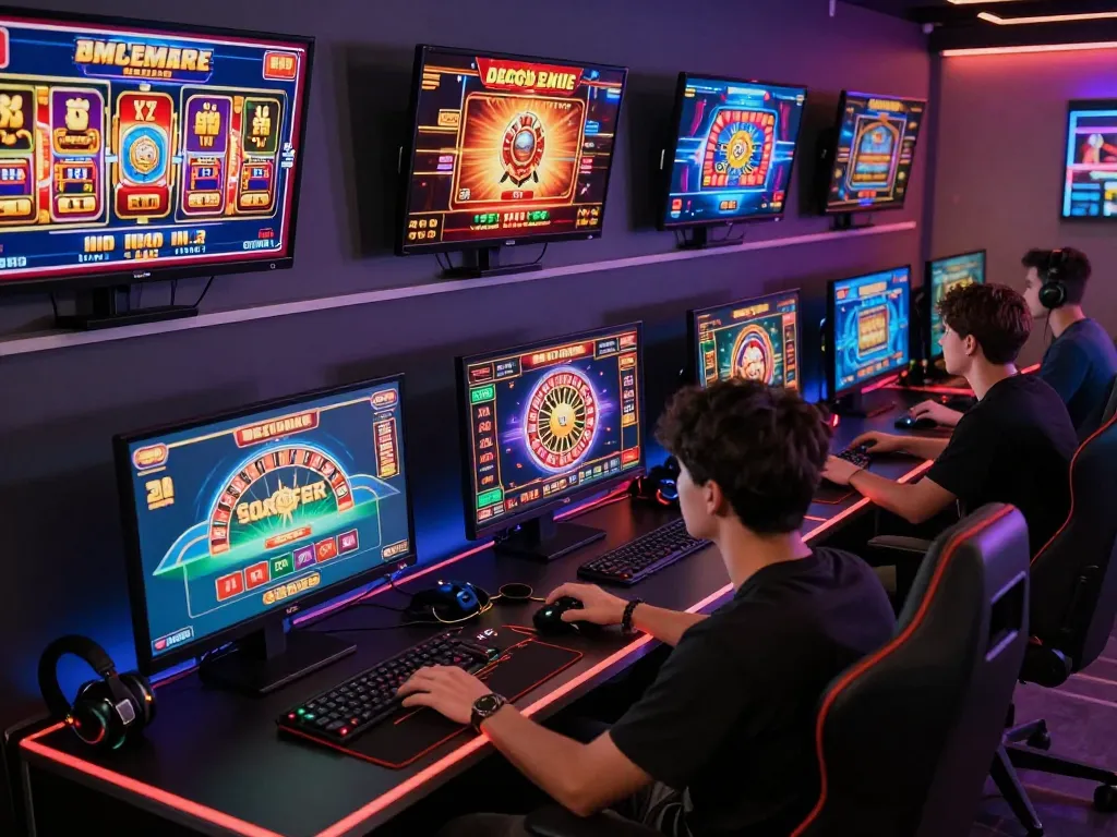 AQ777 players immersed in exciting online gaming experience with colorful games and vibrant atmosphere.