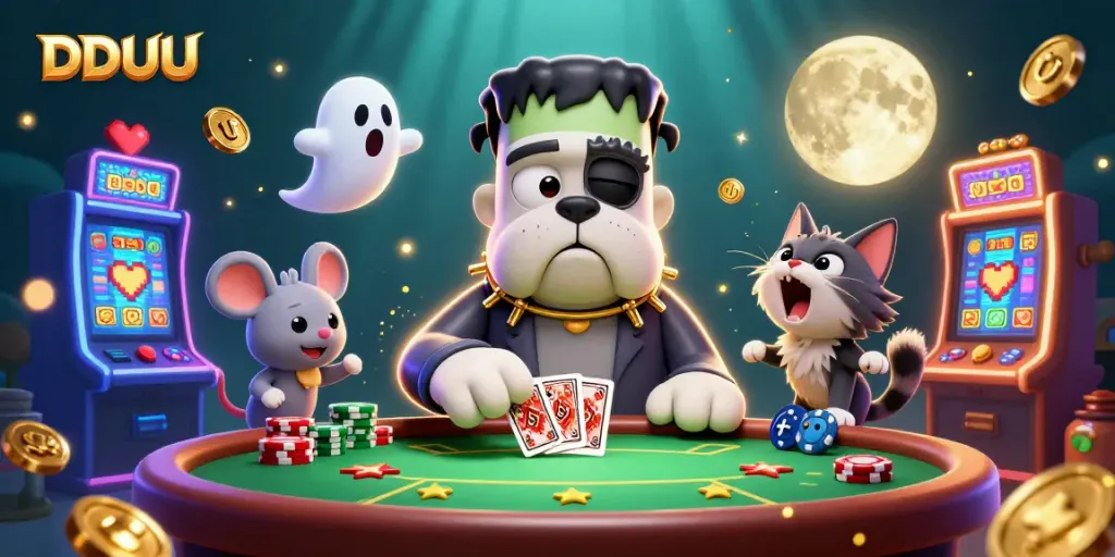 Join the thrilling DDUU poker night with a Frankenstein bulldog and magical elements!