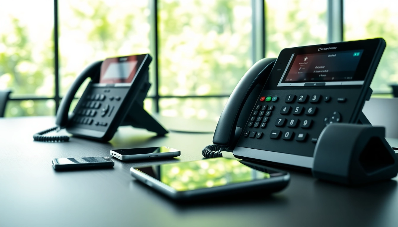 Showcase a business phone setup demonstrating modern technology in a sleek office.