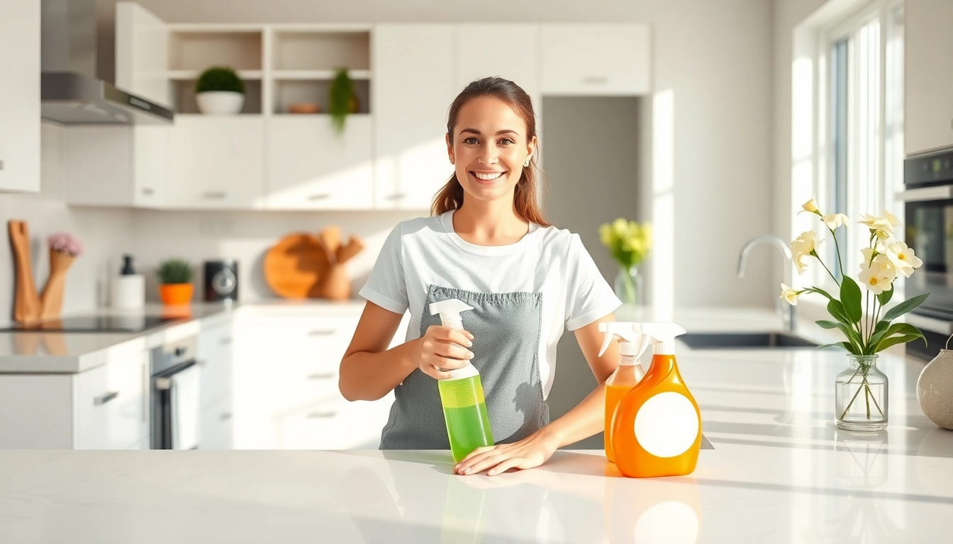 Experience top-notch deep cleaning services USA with a professional cleaner in a pristine kitchen.