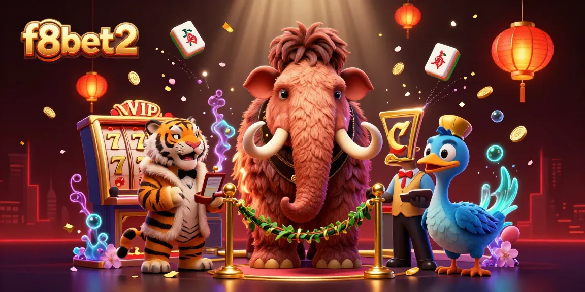 Engage with f8beta2's slots and casino fun in this vibrant 3D illustration showcasing a mammoth bouncer and VIP guest.