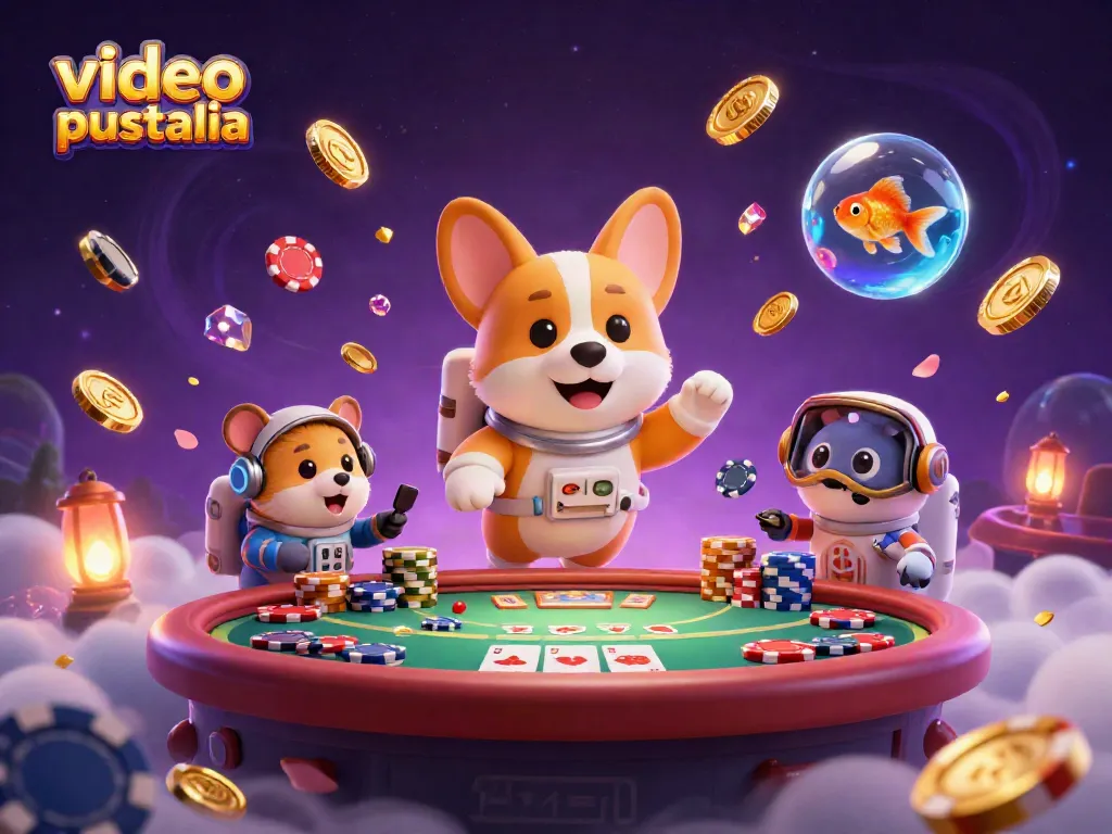 Experience video poker Australia in an ultra-detailed casino scene with floating characters and rich visuals.