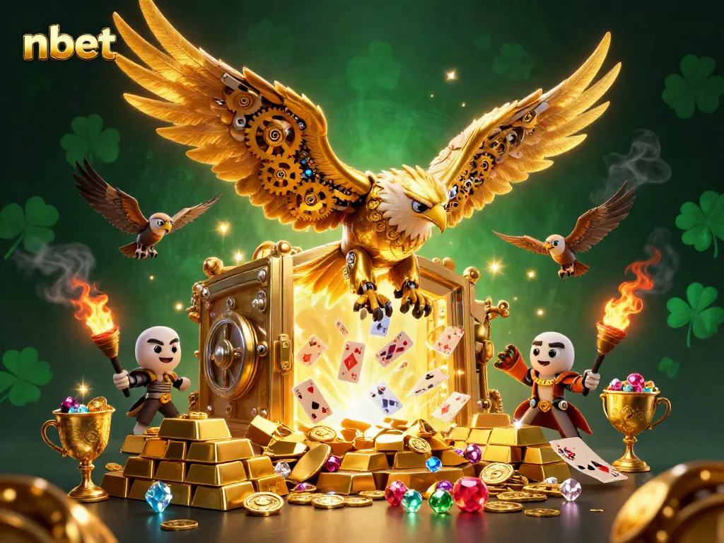 Experience nbet's exciting world with a cybernetic eagle soaring through holographic cards and dazzling treasures.