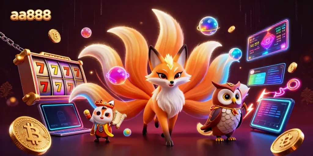 Engage with aa888's vibrant casino experience featuring a colorful nine-tailed fox, wise owl, and dynamic slot reels.
