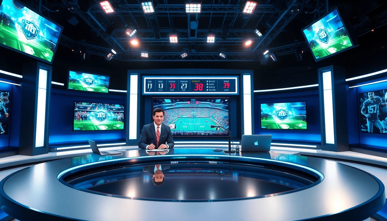 Dynamic sports broadcasting scene with anchors in action delivering insights.