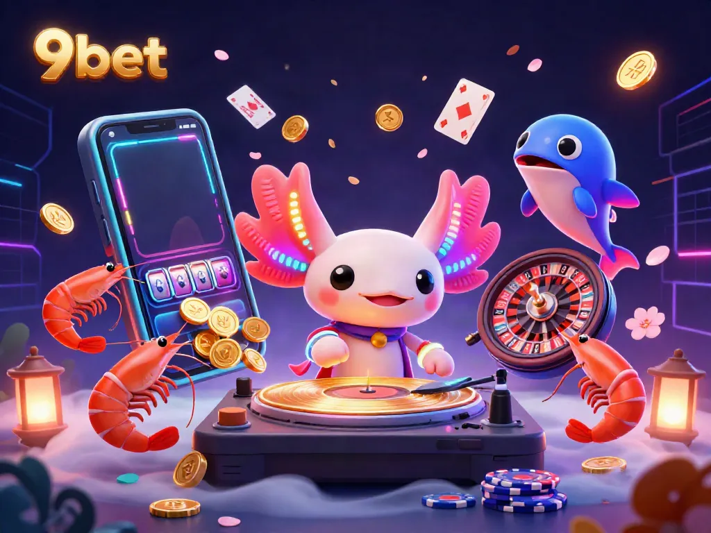 Engage with 9bet's dynamic casino world, featuring vibrant axolotl DJ and fun gaming elements.