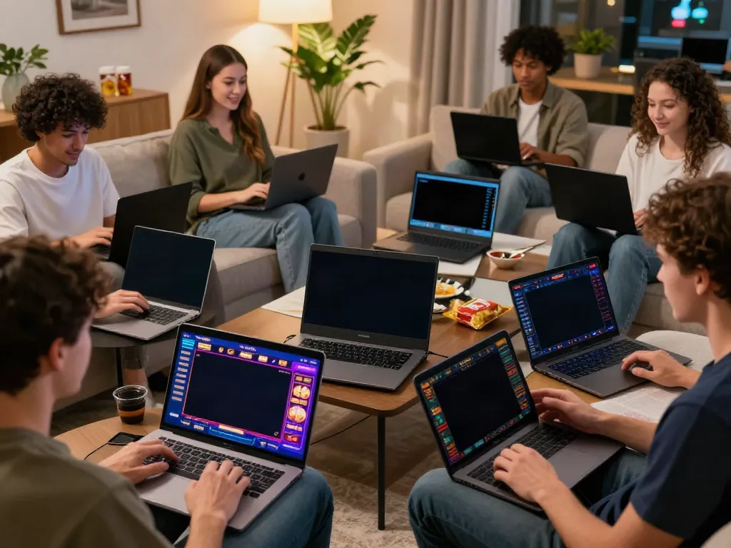 Players engaging with online games at https://ku88v1.com/ in a vibrant living room setting, showcasing immersive digital entertainment.