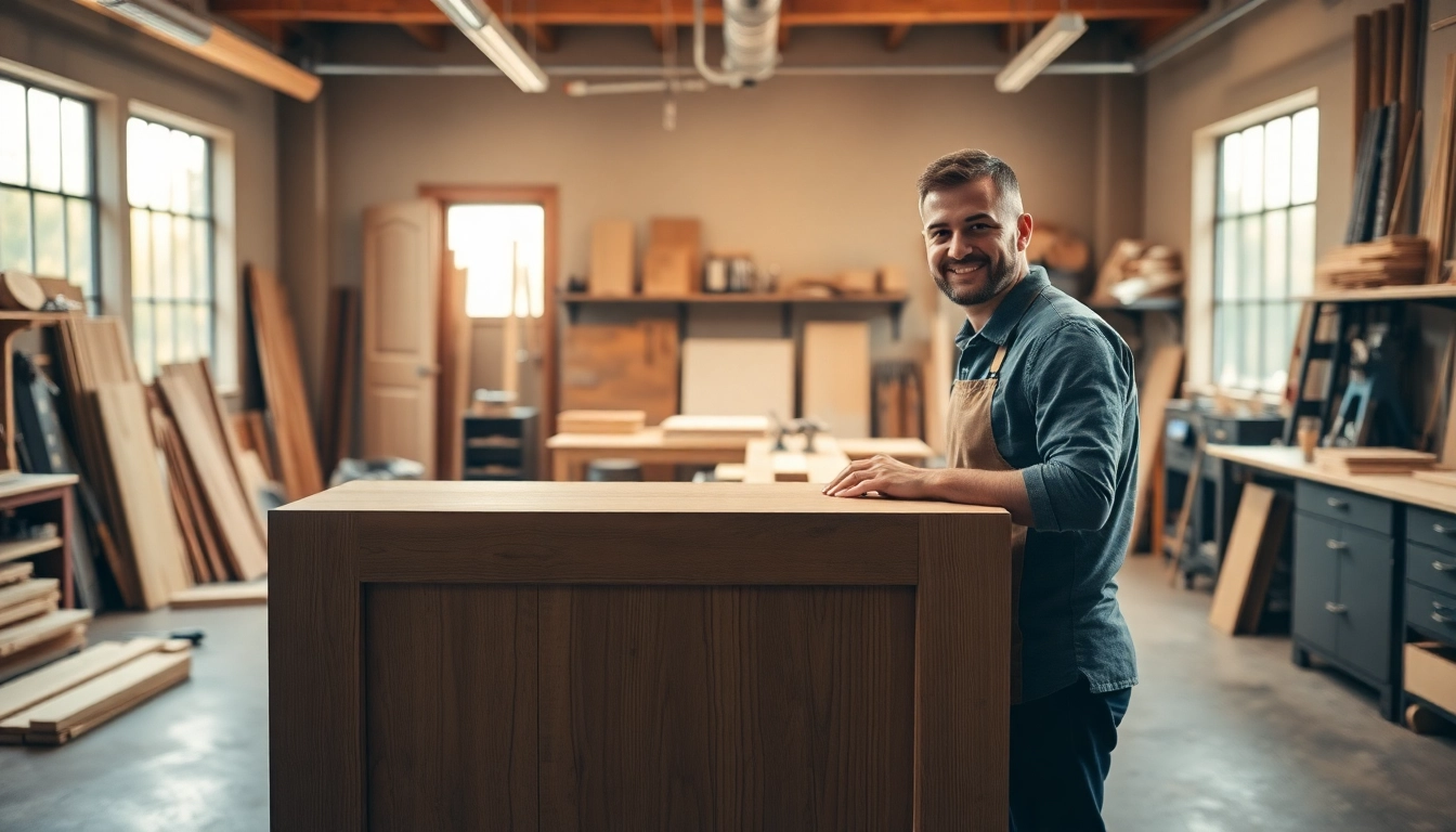 Cabinet maker near me crafting custom cabinetry in a bright workshop environment.