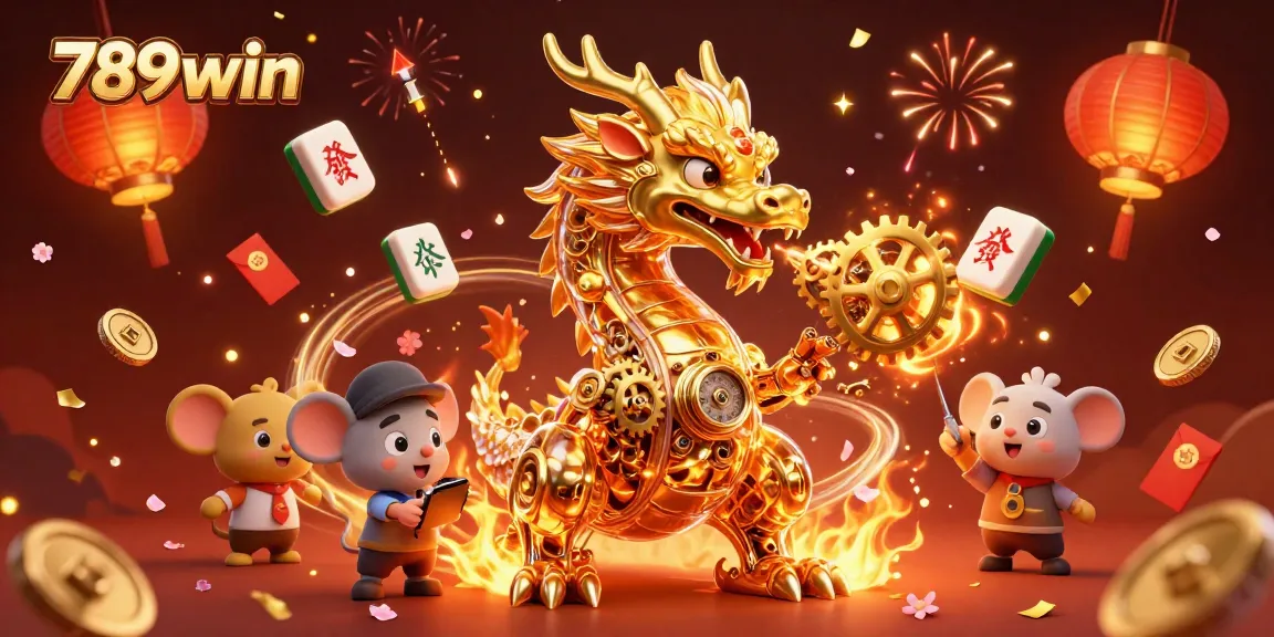 Experience the thrill of 789win with a golden dragon breathing gears in a vibrant casino scene.