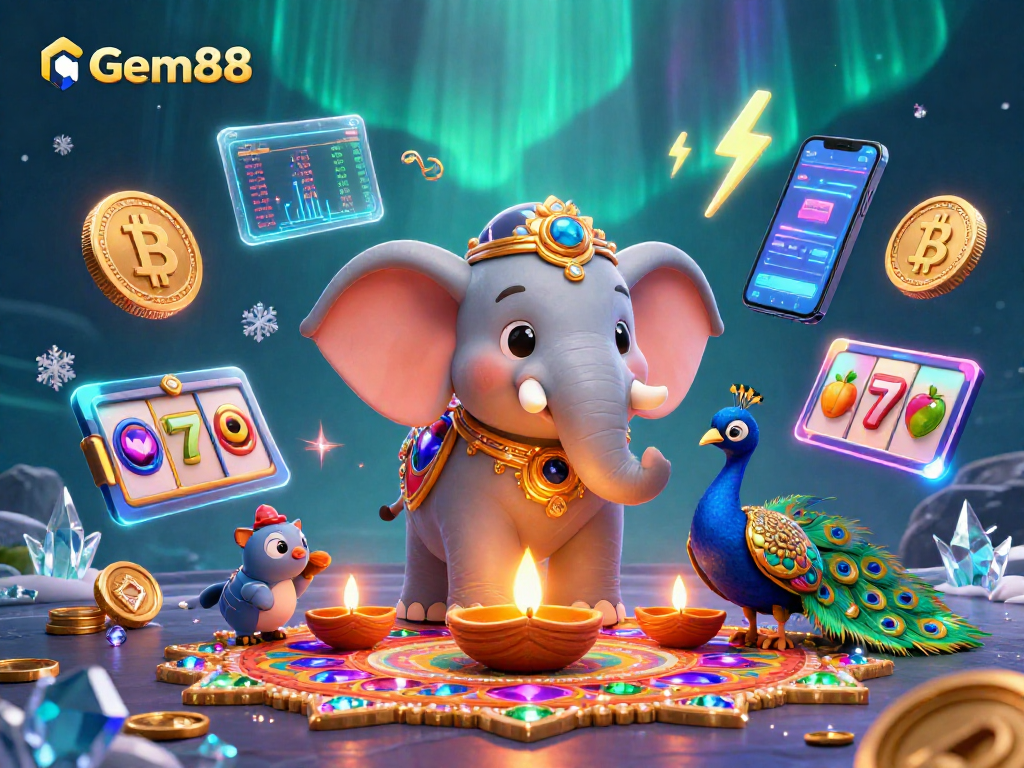 Experience Gem88's vibrant 3D casino scene with festive characters and crypto elements.