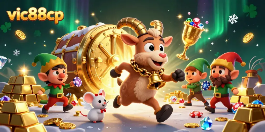 Win at vic88cp in a festive and chaotic holiday casino scene filled with treasures and lively characters.