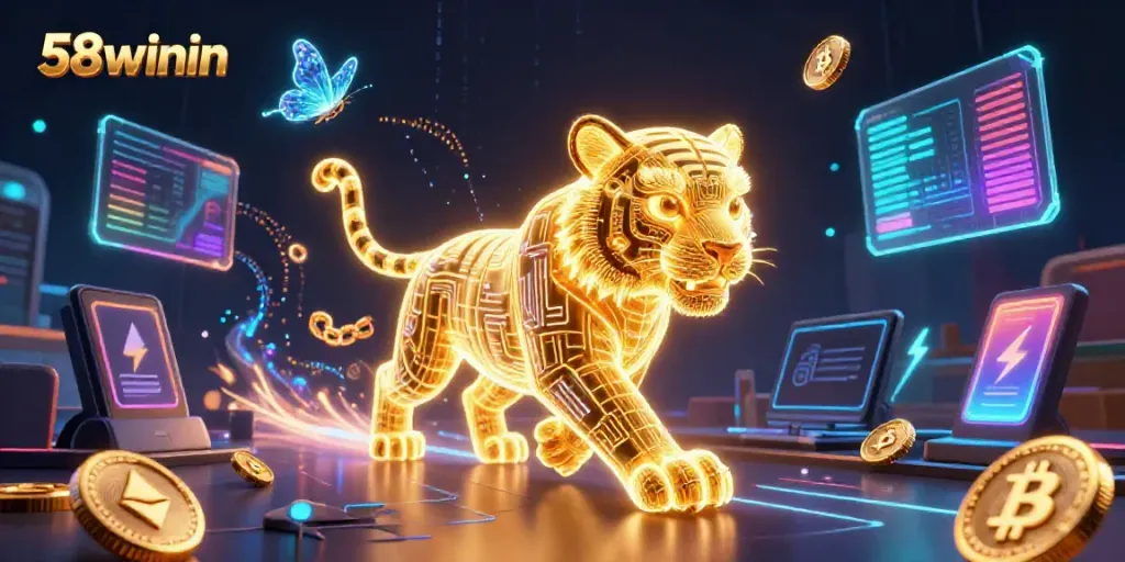 Experience the electrifying world of 58winin with a neon tiger amid cryptocurrency excitement and digital casinos.