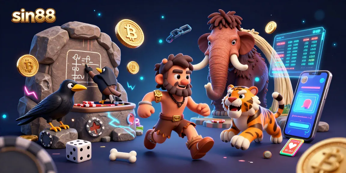 Experience the vibrant sin88 casino scene with a caveman and sabertooth tiger amidst Bitcoin elements.