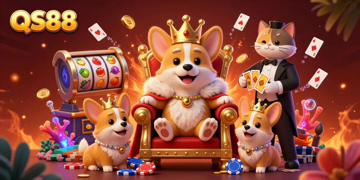 Experience thrilling gameplay at QS88, featuring a royal corgi and a golden card deck amidst dynamic gambling elements.