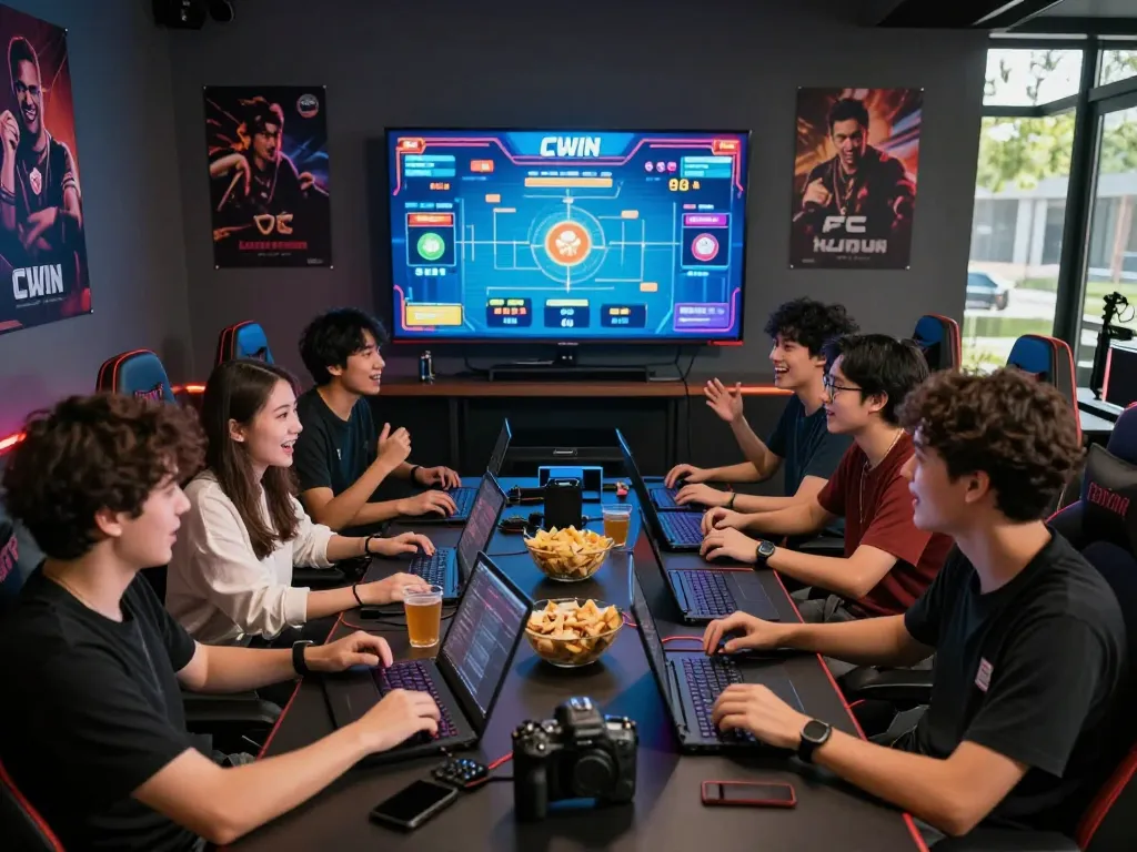 Excited friends strategizing for CWIN online betting games in a vibrant gaming room.