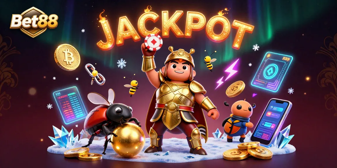 Experience the thrill of Bet88 with a vibrant 3D scene showcasing a victorious beetle in golden armor, symbolizing winning in online gambling.