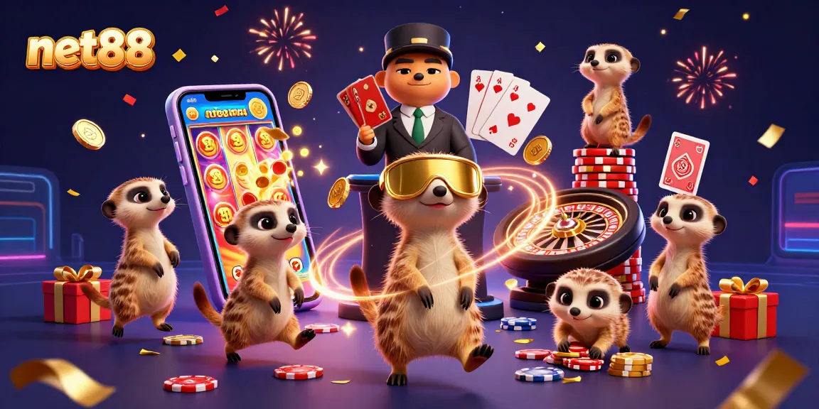 Net88 meerkats managing a lively casino with colorful games and energetic elements.