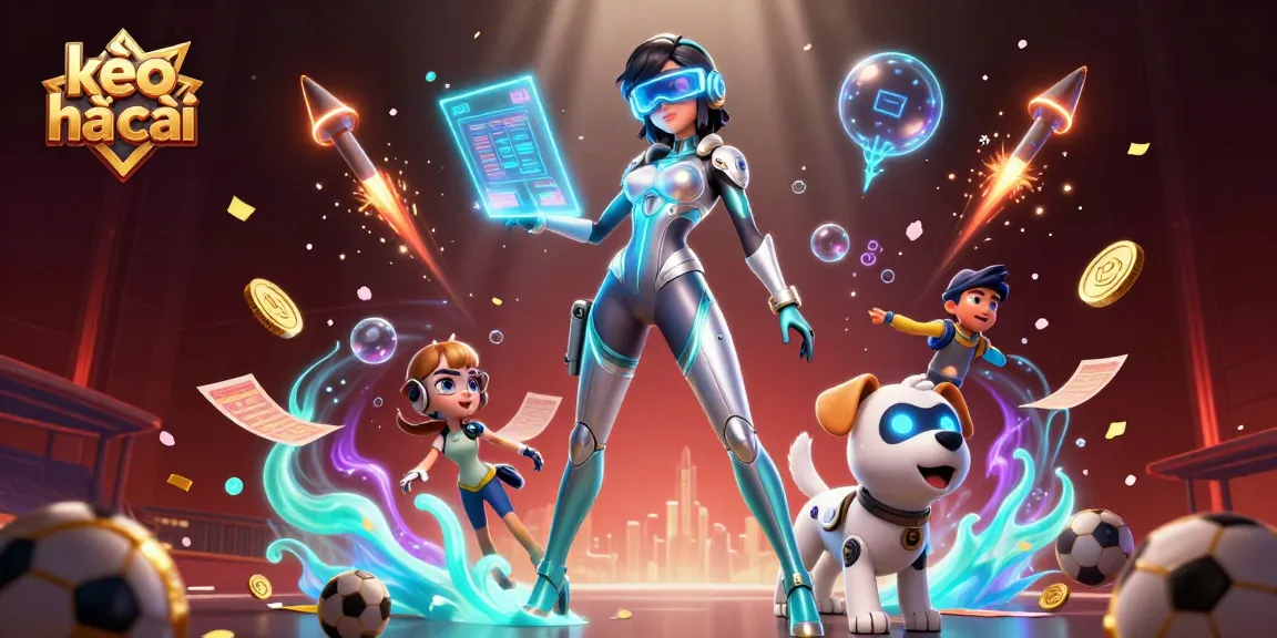 Place bets and enjoy kèo nhà cái with vivid 3D characters and sports elements in a lively casino scene.