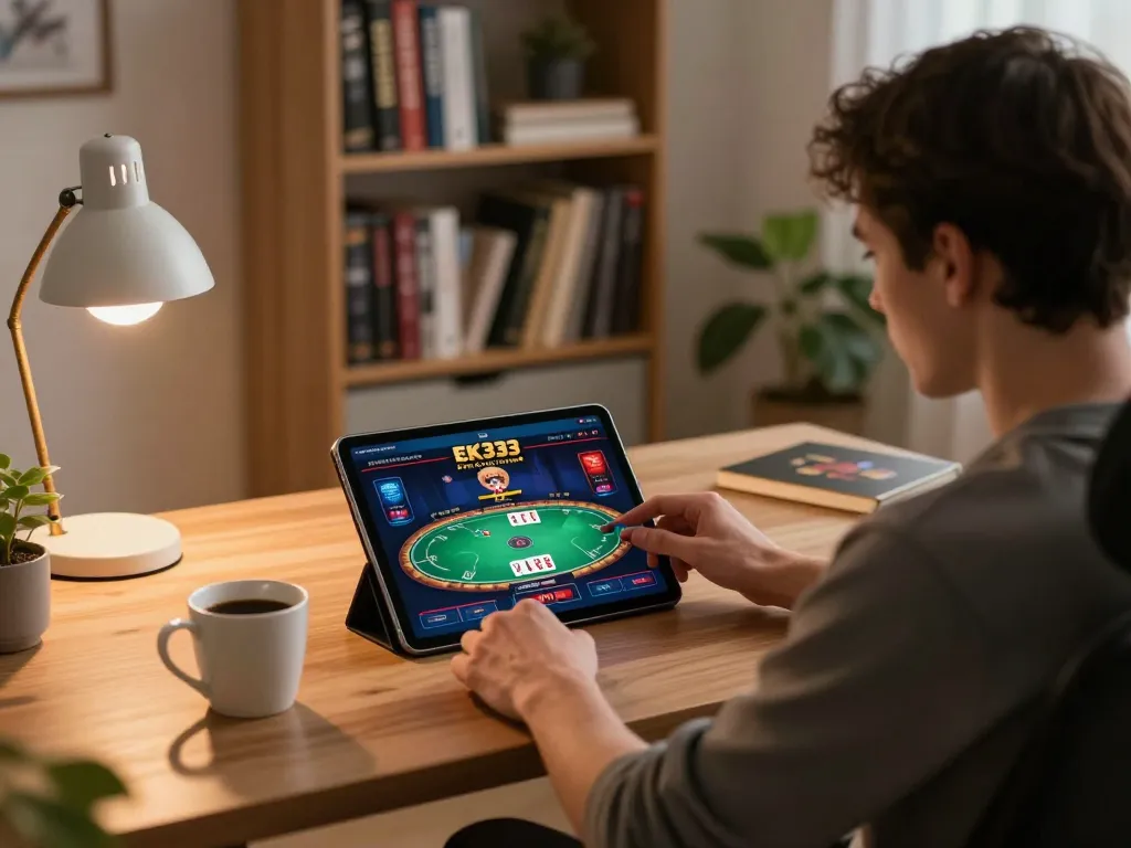 Engaging in strategic play on EK333 online casino app from cozy home setup with tablet and coffee.